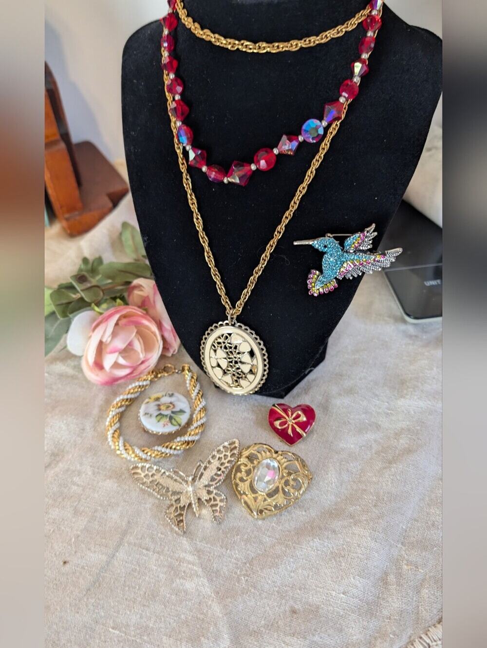 Vintage Coquette Jewelry Lot Ruby Red Hearts Butterfly Brooch Sarah Cov